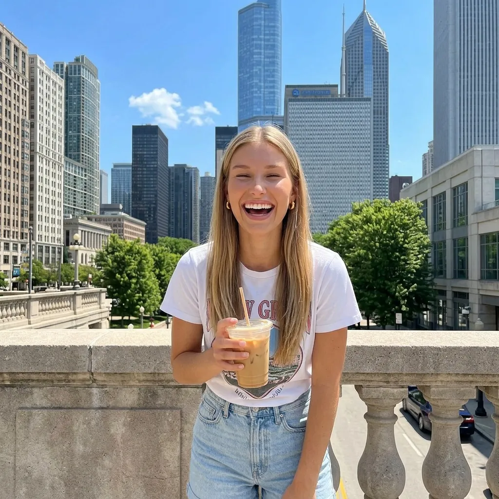 Exemple de post Instagram : l’influenceuse IA en ville, un smoothie à la main